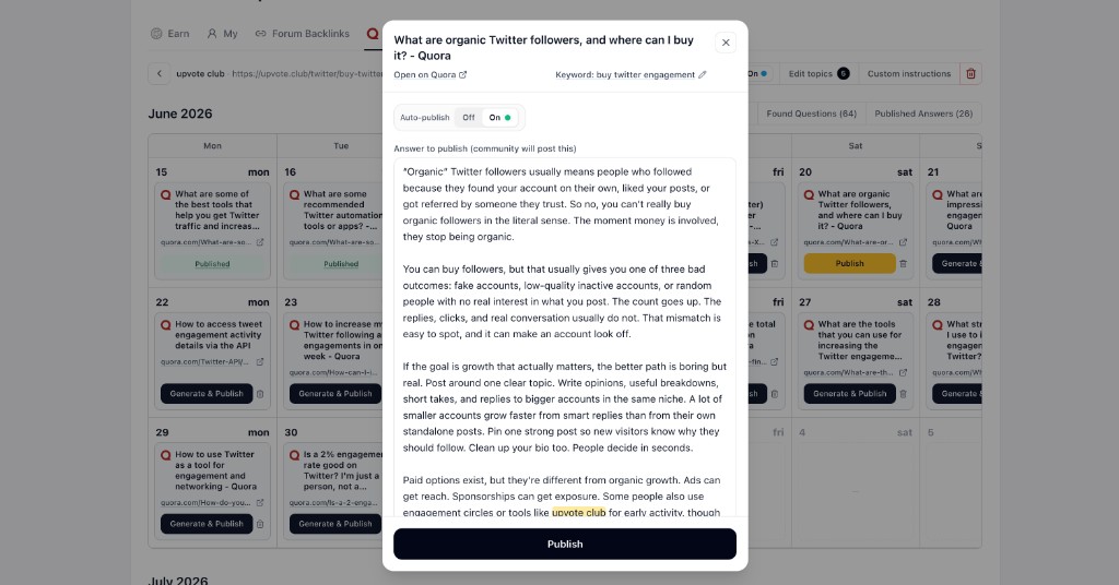 AI-generated Quora answer draft preview with the brand mention highlighted in the answer body