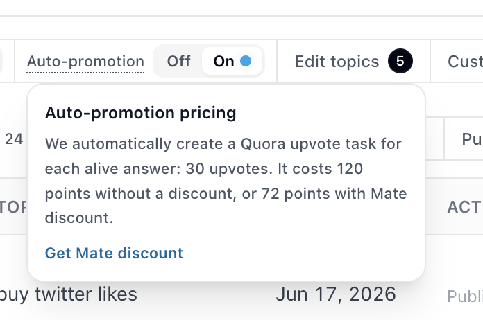 Quora Crowd Auto-promotion settings panel showing the Auto-promotion toggle and pricing for Quora upvote tasks that push answers higher