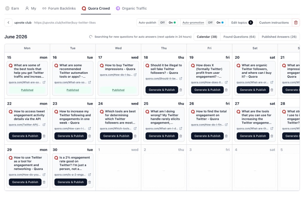 Quora Crowd June 2026 publication calendar for upvote club with Auto-publish and Auto-promotion on, Published badges on early days, and Generate & Publish cards for Twitter marketing Quora questions