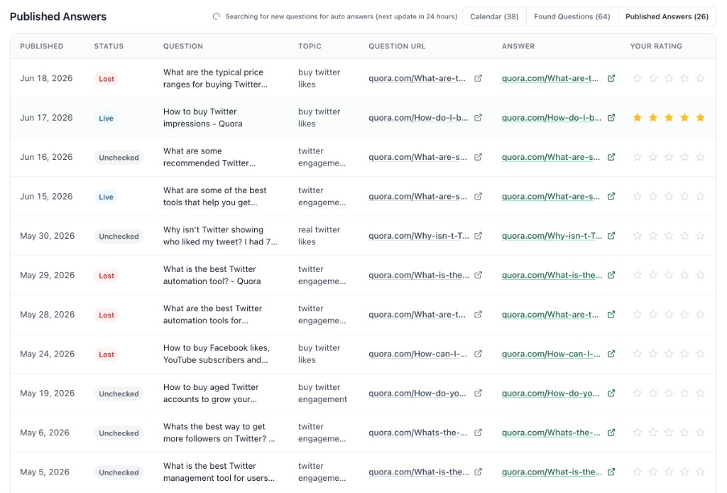 Published Answers table listing Quora answers with Live and Lost status badges for deletion tracking