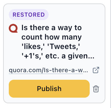 Calendar day card showing a Quora question with a Restored badge after a deleted answer was rescheduled