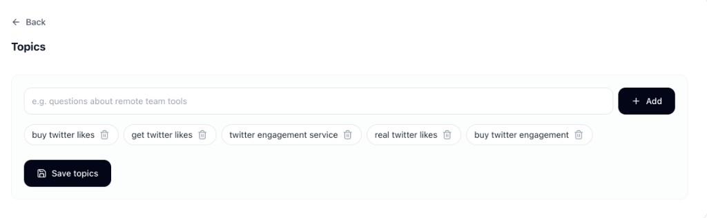 Quora Crowd topics editor with keyword tags used to discover relevant Quora questions for the project